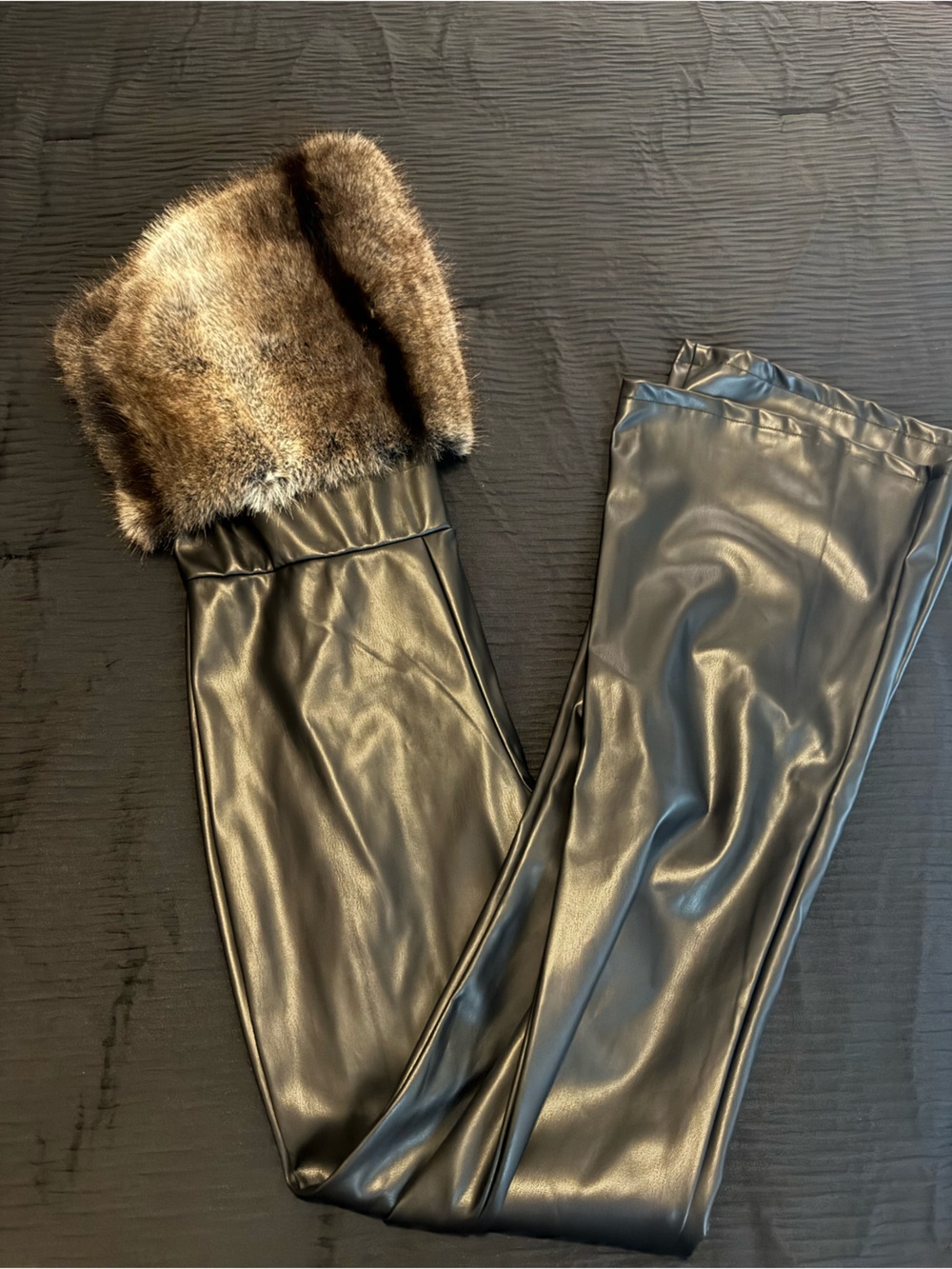 Faux Leather Scarf with Brown Faux Fur Trim